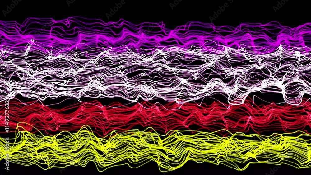 Poster dark multicolor, abstract creative bg with curled lines like trails of different colors. lines form 