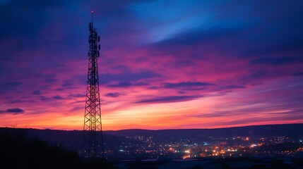 A dramatic evening scene highlighting a tall communication antenna amidst a vibrant, colorful sky and an illuminated city below.