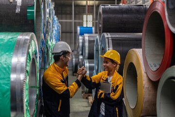 Two young engineers or mechanical workers in safety suit express happiness and confidence by showing their fists next to the rolls of metal sheets in a factory. Partnership among two workers.