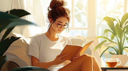 Serene Morning: A Young Woman Enjoys a Peaceful Moment with a Book and Tea