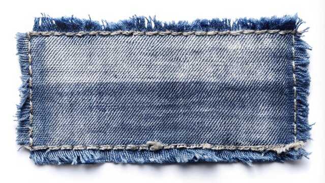A frayed denim patch with a raw edge and visible stitching, perfect for textile design or fashion projects.
