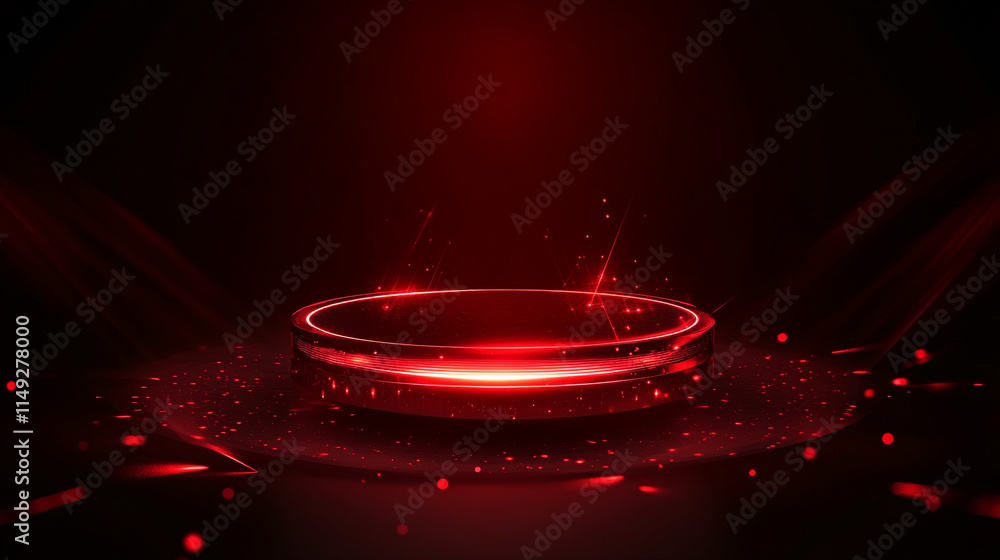 Poster bright red circular platform illuminated by scattered glowing particles at night.