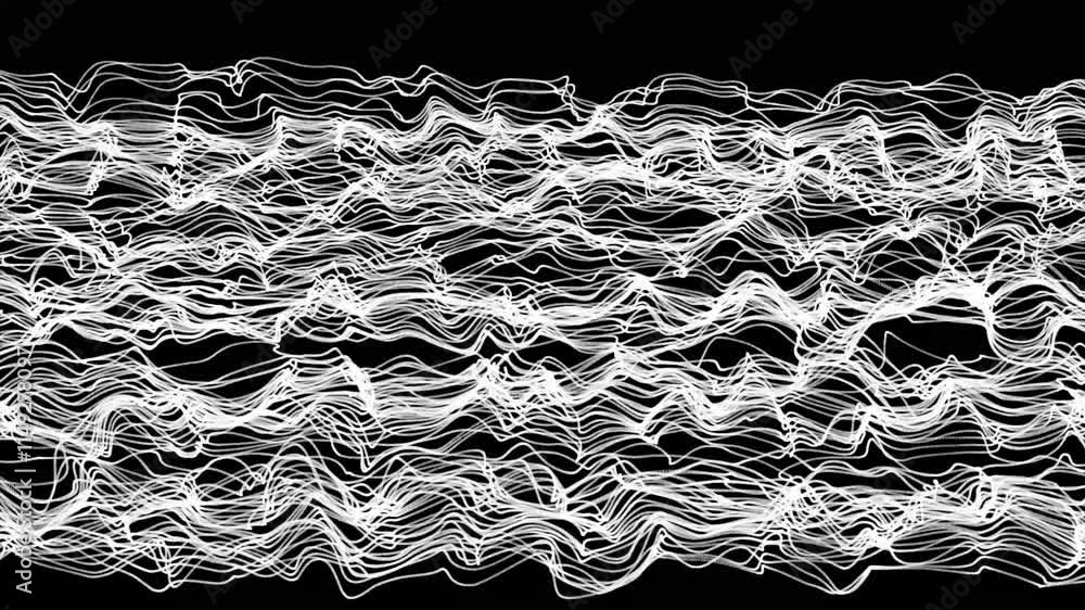 Poster texture made of wavy white line with variable width on black background. abstract background with st