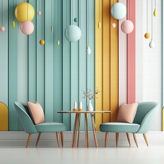 Pastel-Colored Living Room Interior with Stylish Chairs and Hanging Lights.