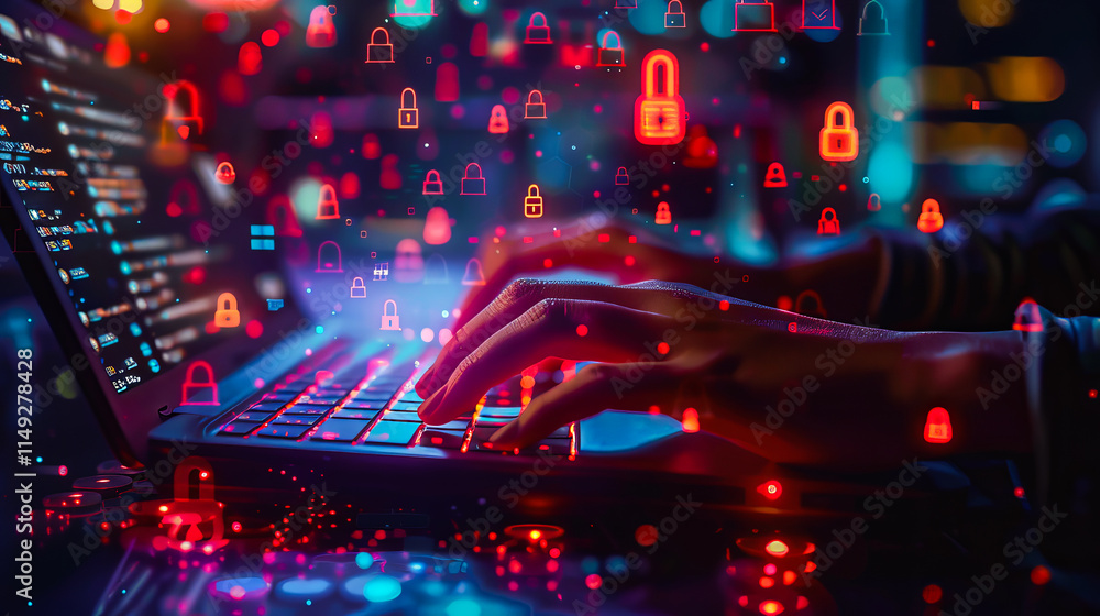 Poster hands typing on a keyboard with glowing padlocks symbolizing cybersecurity, data protection, and sec