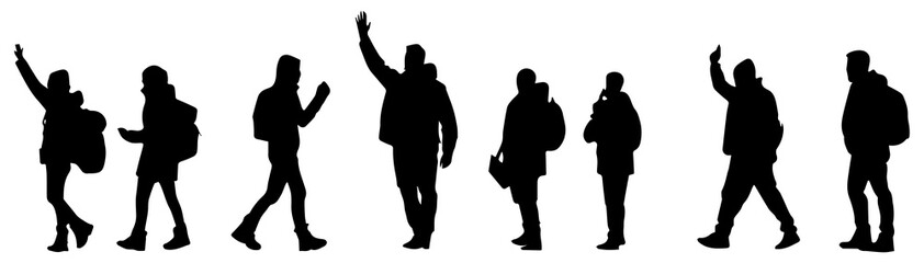 Silhouettes of Travelers with Backpacks in Motion