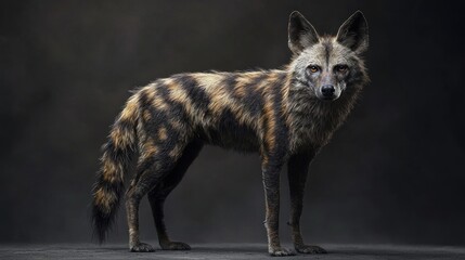 Striking full-body portrait of a unique wild animal displaying distinctive fur patterns and captivating gaze against dark background