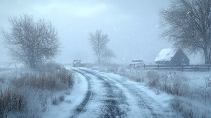 Fototapeta premium Snowy rural road with cars and farmhouse during blizzard.