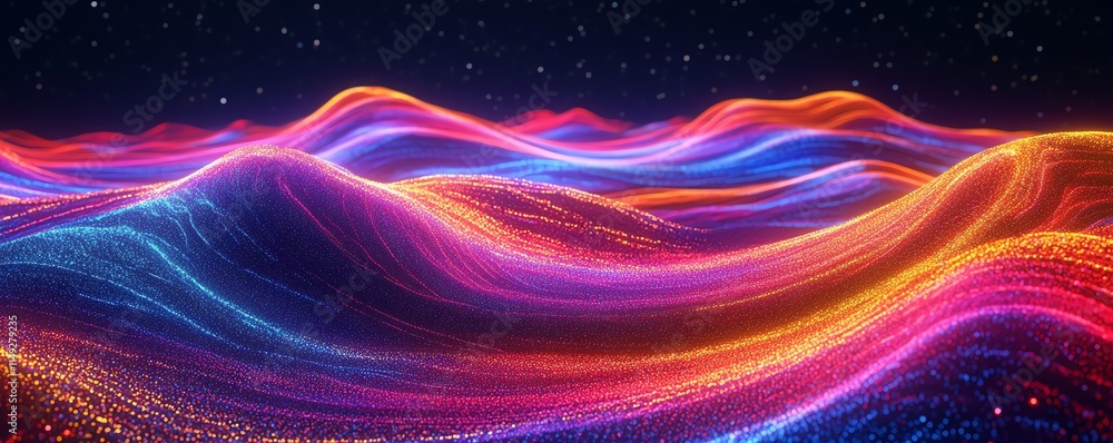 Poster abstract representation of colorful data streams in a digital landscape at night, neon light trails 
