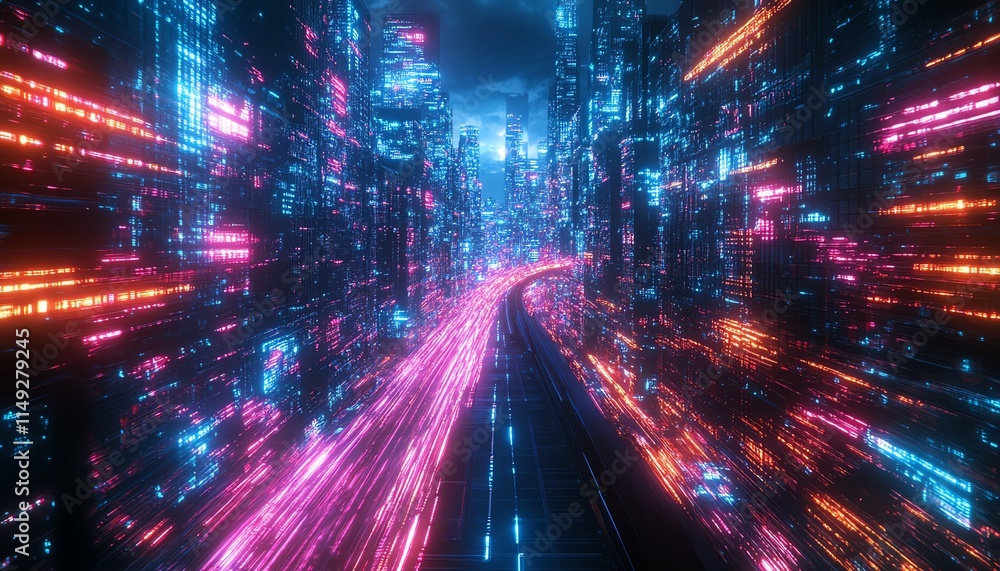 Poster abstract representation of colorful data streams in a digital landscape at night, neon light trails 