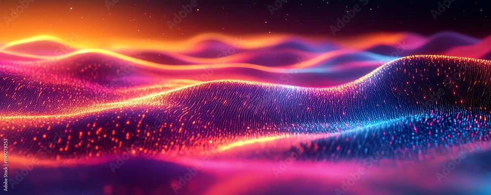 Poster abstract representation of colorful data streams in a digital landscape at night, neon light trails 
