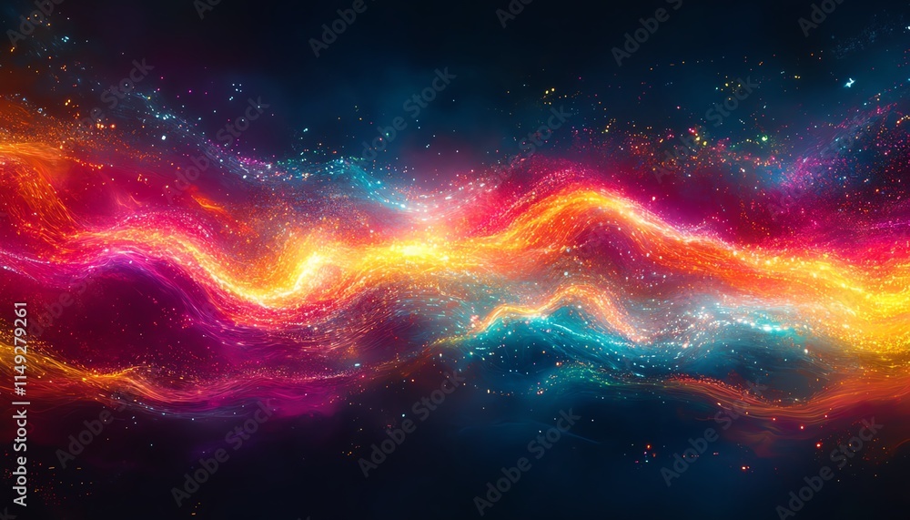 Poster abstract representation of colorful data streams in a digital landscape at night, neon light trails 