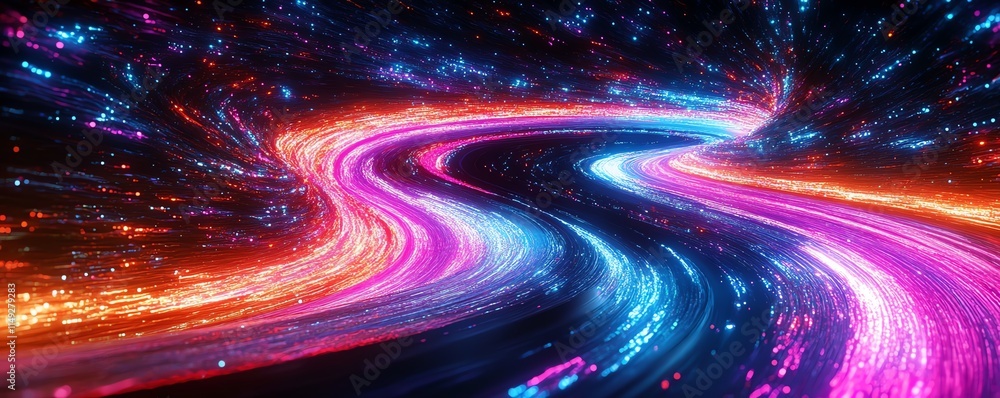 Poster abstract representation of colorful data streams in a digital landscape at night, neon light trails 