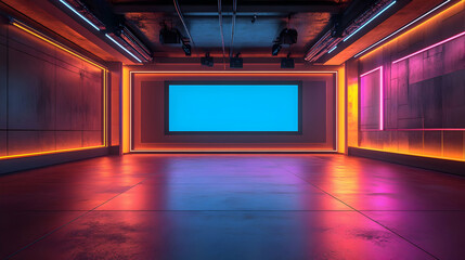 Obraz premium A modern, illuminated studio space with vibrant neon lights and a central display screen.