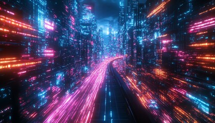 Obraz premium Abstract representation of colorful data streams in a digital landscape at night, neon light trails symbolizing technology and innovation, glowing techinspired visuals