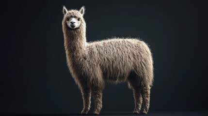 Obraz premium Realistic Alpaca Standing on Dark Background, Full Body Portrait of Cute and Furry Animal with Friendly Expression