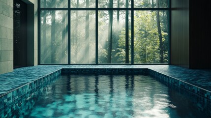 Obraz premium A serene indoor pool with tranquil blue tiles, soft lighting, and a minimalist design featuring large windows overlooking a forest.