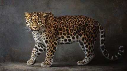 Fototapeta premium Majestic Leopard Walking Gracefully with Distinctive Spots in a Natural Setting Against a Dark Background