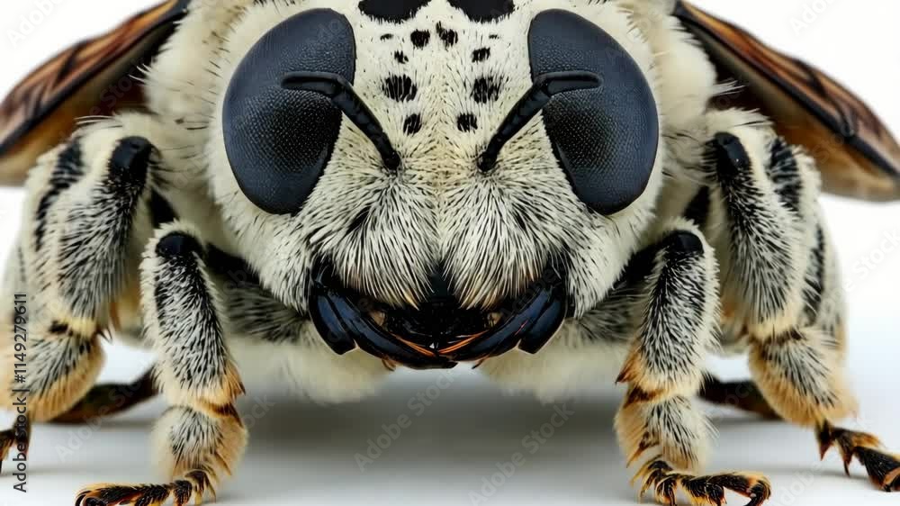 Poster detailed view of a fuzzy insect featuring unique patterns and coloration on a white background