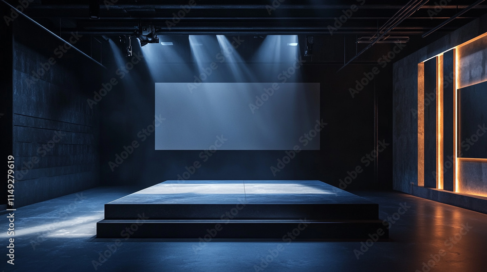 Poster modern stage setup with dramatic lighting in an empty venue space.