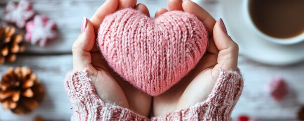 Delicate pink heart held by hands, a Thank You message visible, cozy warm room setting with a cup of coffee, peaceful and inviting ambiance