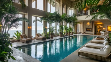 A sophisticated indoor pool in a resort-style setting, with cabana loungers, tropical plants, and massive windows showcasing ocean views