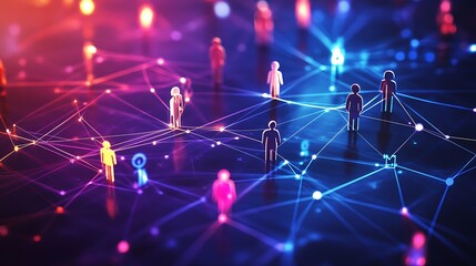 Fototapeta premium A vibrant isometric scene of individuals connected digitally, collaborating in a virtual network with glowing lines and icons.
