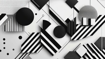 Abstract Black and White Geometric Shapes Design: A Monochrome Composition of Lines, Circles, and Squares