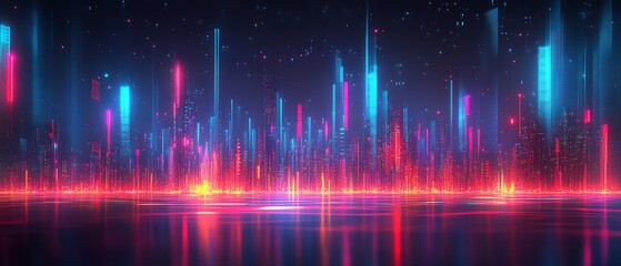 Futuristic digital city at night with colorful data streams lighting up the scene, innovative technology highlighted by neon lights, dynamic motion of information