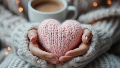 Gentle pink heart in hands with a Thank You message, cozy warm background, a cup of coffee nearby, soft tones and peaceful mood