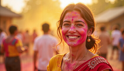 Fototapeta premium Radiant Woman in Traditional Sari Celebrating Holi with Pink Powder