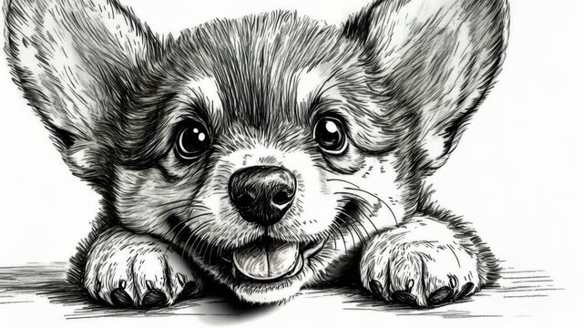 Cute corgi puppy with playful expression resting on a surface while looking at the viewer