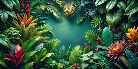 Fototapeta premium Lush Tropical Foliage Creates a Vibrant, Exotic Garden Paradise Scene with Vivid Colors and Textured Leaves