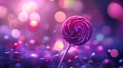 Mystical purple lollipop surrounded by glowing candy details and vibrant colors