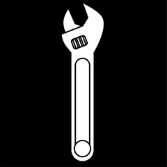 Adjustable wrench icon, wrench clip art, pipe wrench vector illustration, white on black background
