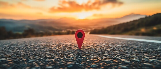 Location marker on an open road leading to the mountains during sunset, vibrant orange and red skies, dramatic lighting on the landscape, panoramic view, serene and peaceful