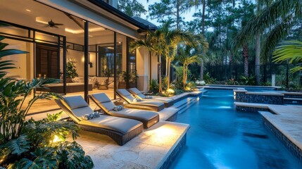 Obraz premium An elegantly designed pool area featuring luxurious recliners, soft lighting, tropical plants, and textured concrete accents.