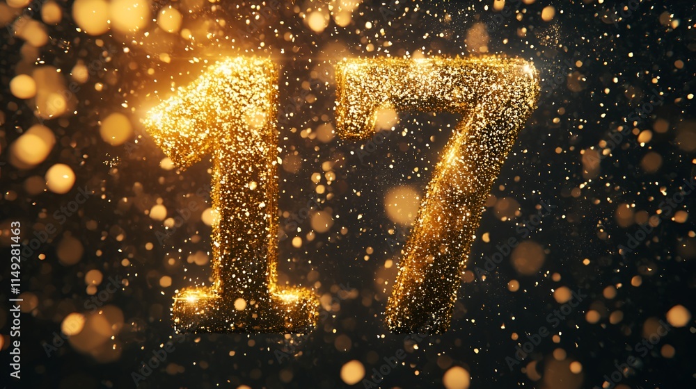 Aufkleber golden sparkling number 17 on dark background with bokeh