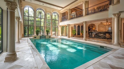 An opulent indoor swimming pool illuminated by natural light, featuring decorative columns and expansive glass walls.