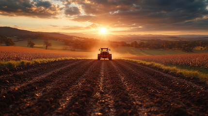 A tractor is silhouetted against a sunrise over plowed fields