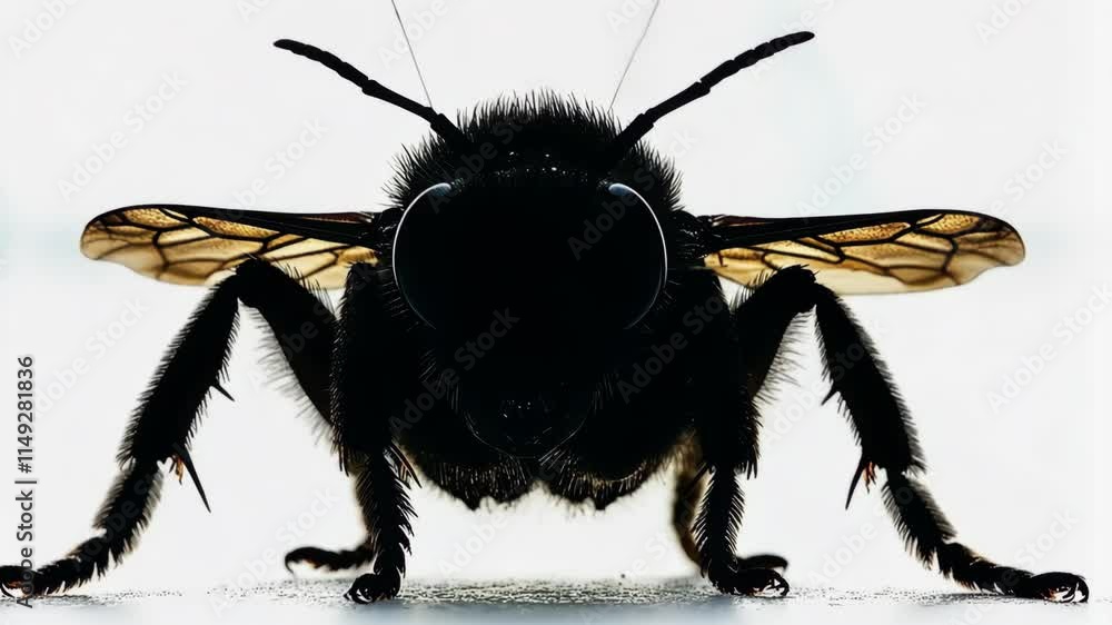Poster close-up view of a black bee displaying intricate wing patterns and features
