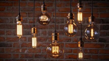 Obraz premium Set of vintage glowing light bulbs, loft interior