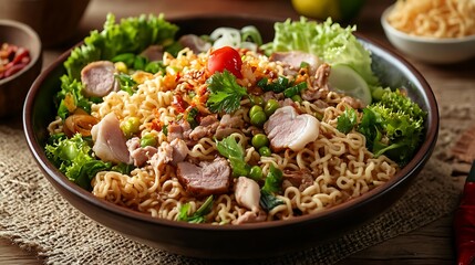 Spicy instant noodle salad with mixed meats on a rustic table