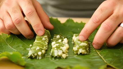 Preparation of Delicious Dolma with Fresh Grape Leaves and Rice