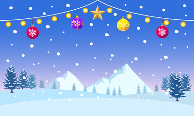 Christmas background, snow on forest pine trees on mountain, colorful balls and light bulbs decoration, winter scenery