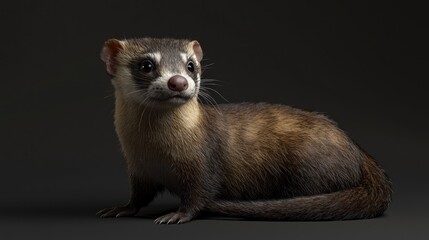 Detailed portrait of a footed ferret showcasing its inquisitive expression and unique fur texture in a dark setting