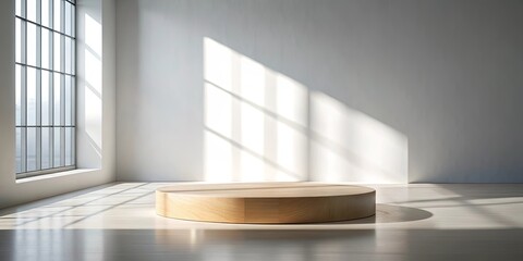 Minimalist interior scene with a circular wooden display platform bathed in sunlight