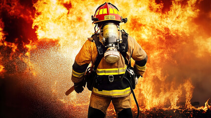 Fototapeta premium A firefighter kneels in front of a fire.