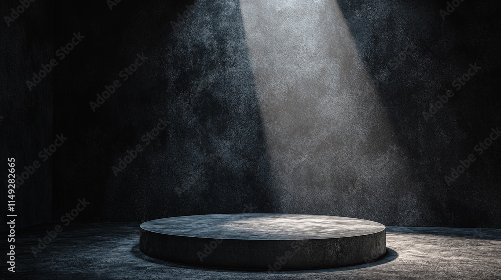 Poster dark stage with spotlight illuminating round platform in empty room.