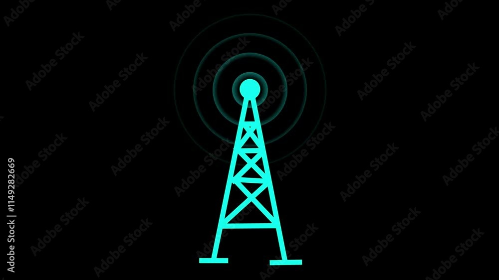 Poster wave signal tower animated icon wave signal tower looping circle 4k wireless tower with radio waves.
